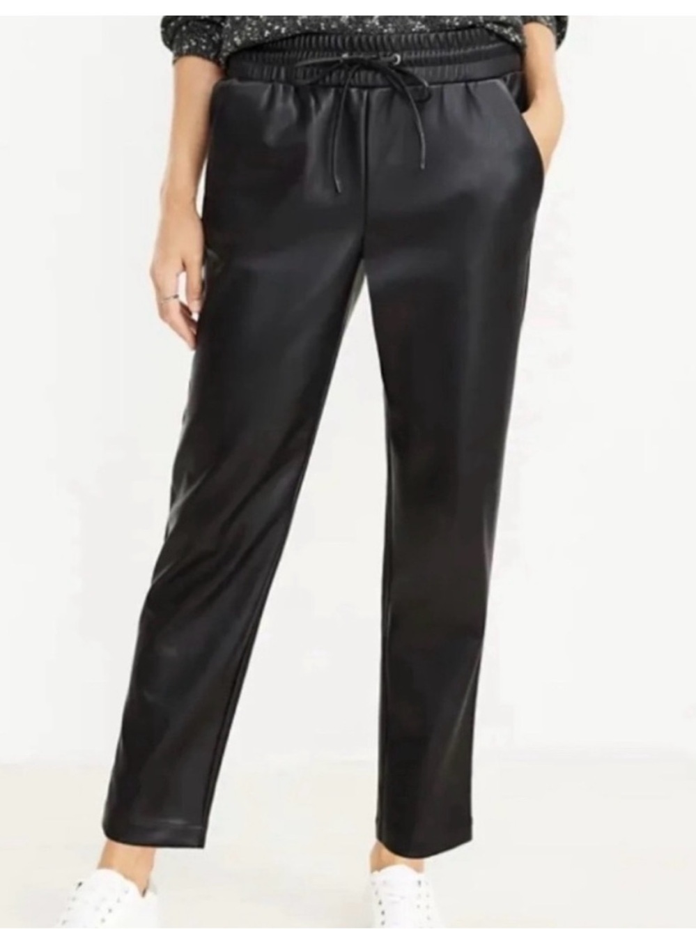 LOFT Black Faux Leather Straight-Leg Drawstring Pants